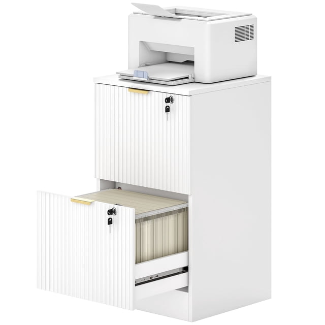 Lockable White Filing Cabinet with 2 Drawers - Compact Office Storage & Printer Stand - A4/Letter File Size - Modern MDF Design for Home Office & Workspace