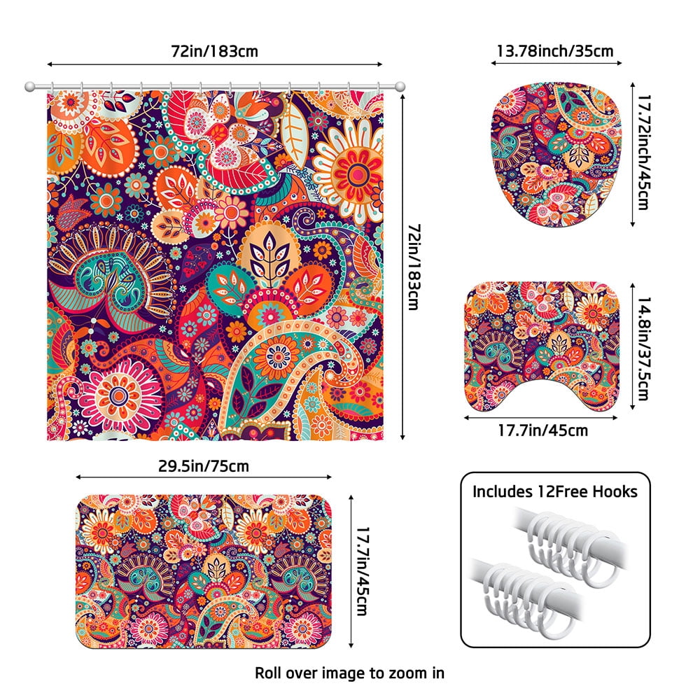 4 Pcs Boho Paisley Mandala Floral Shower Curtain Set with Rug Toilet Cover and Bath Mat for Bathroom