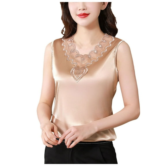 Lixiuxyad Tank Tops Women V Neck Net Yarn Short Sleeved T Shirt Women's New Summer Fashion Lace Chic Undershirt Design Feeling Satin With A Coat(Beige L)