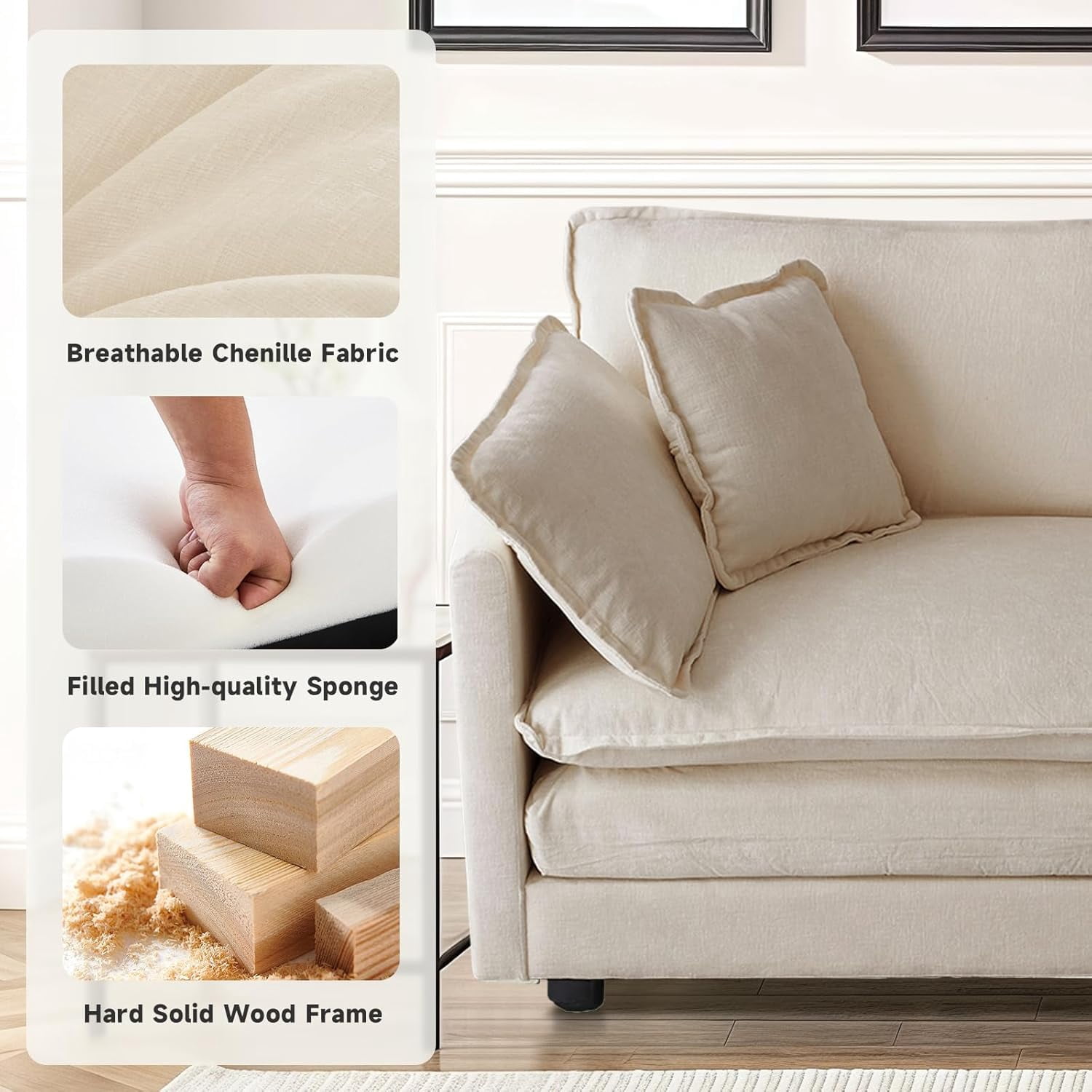 VEPXXP 75.9" Chenille Modular Loveseat, Deep Seat 2-Seater Couch with 4 Throw Pillows, Modern Cloud Sofa for Living Room Apartment Small Space, Beige
