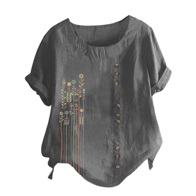 Mujeres manga corta casual cuello redondo impreso botón suelto túnica camisa blusa tops Pompotops hkajfhjk470138