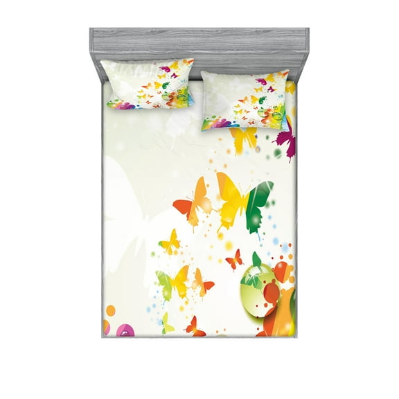Ambesonne Nature Fitted Sheet & Pillow Sham Set, Butterfly Festival Art, Queen, Multicolor