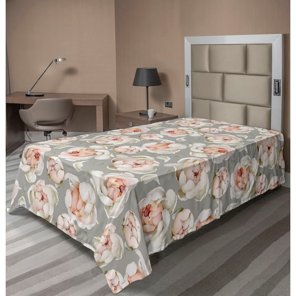 Ambesonne Floral Flat Bedding Sheet Soft Top Sheet, Peonies Dreamy Pattern Print, Twin, Pale Peach Dust and Off White