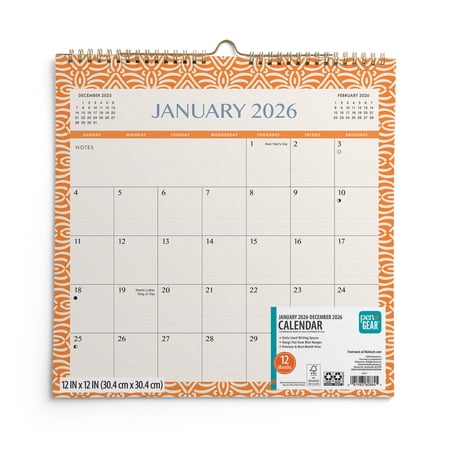 Pen+Gear Monthly Spiral Calendar (12"x12") Pattern 12 Month Jan 2026-Dec 2026