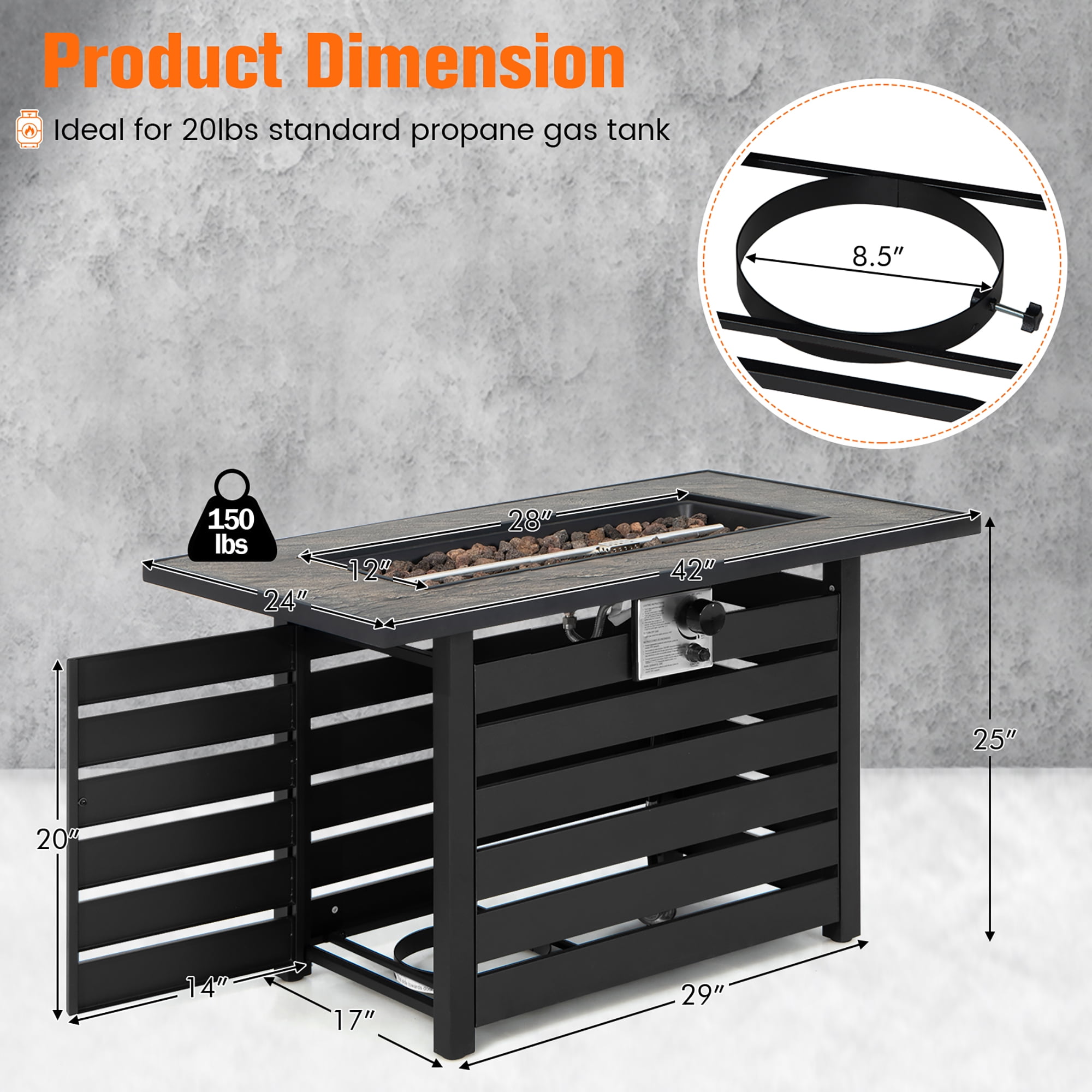 Costway 42'' Rectangular Propane Fire Pit Table 50,000 BTU W/ Lava Rocks & PVC Cover