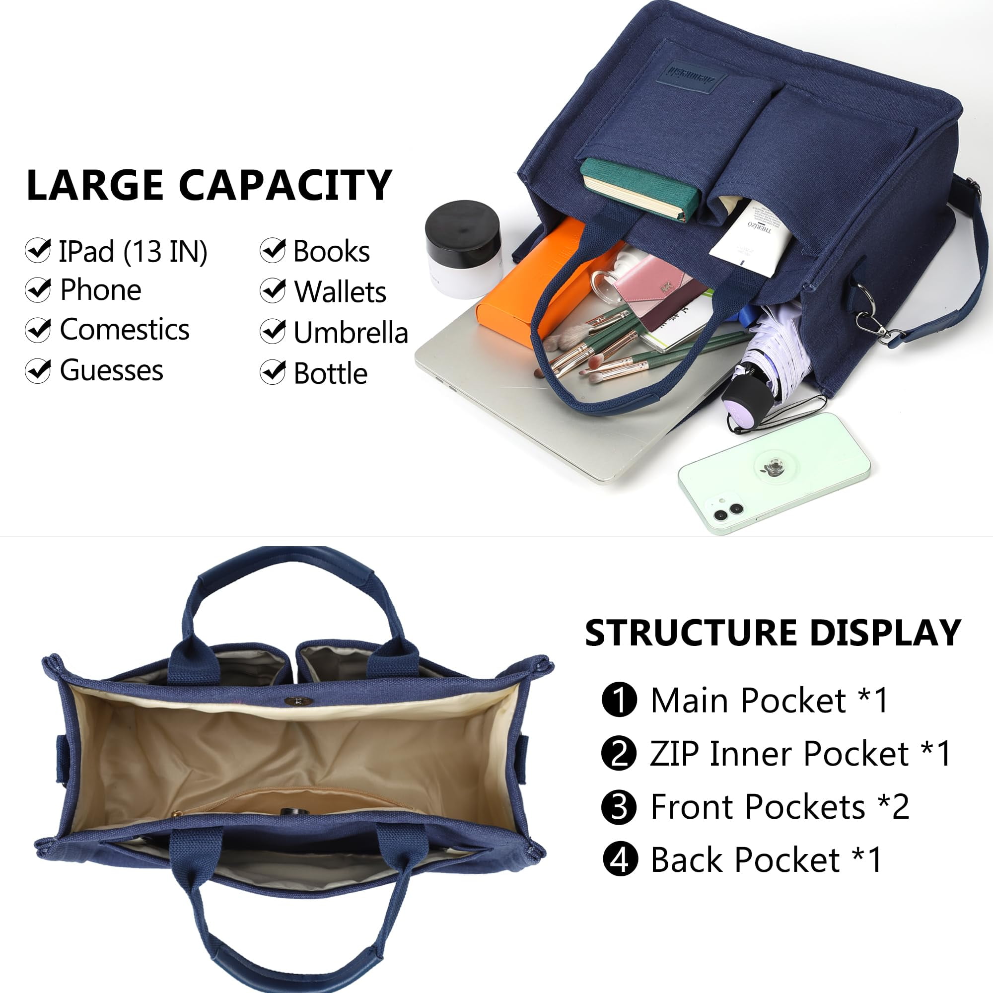 AOUNQ Canvas Tote Bag for Women Trendy Purse and Handbags Work Tote Bags with Pockets Crossbody Satchel Bag,Blue