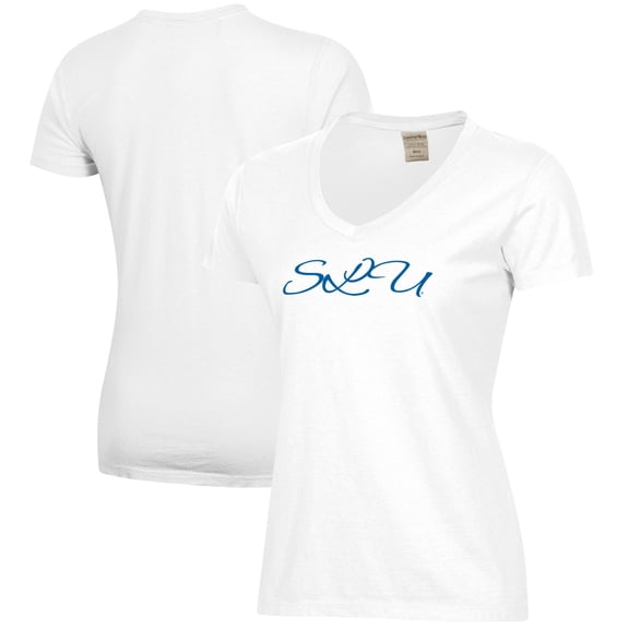 Women's White Saint Louis Billikens Script Logo Comfort Wash V-Neck T-Shirt
