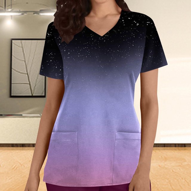 EGNMCR Hauts de Sarrau d'Infirmière pour Femmes Mode à Imprimé Dégradé Uniforme de Travail Manches Courtes Col en V Blouse T-shirt de Travail avec Poches