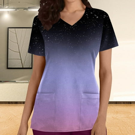 

wo-fusoul Black and Friday Deals Womens Scrubs Tops Short-Sleeve Nurse Uniform V Neck Working Uniform Gradient Printed T-Shirts Casual Blounce w/Pockets