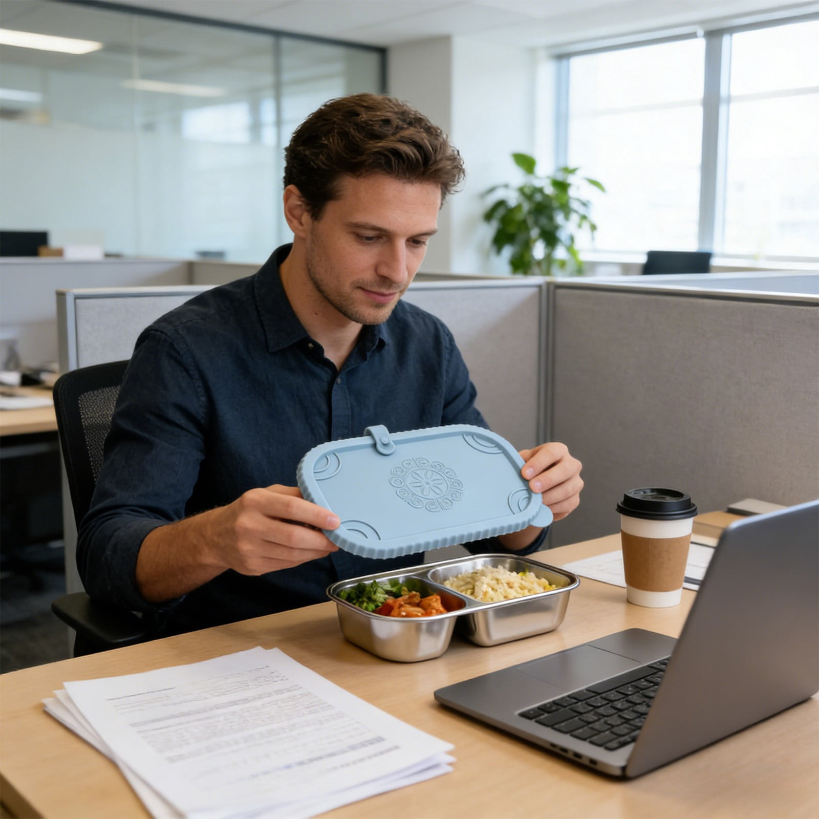 Xheghe Stainless Steel Bento Box with Silicone Lid - Leak-Proof, Two-Compartment Design for Travel, Office, or Picnic Lunches