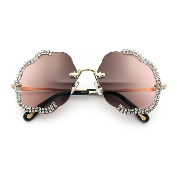 Womens Bling Rhinestone Jewel Rimless Cloud Shape Luxury Sunglasses Gold - Brown Pink