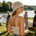 thumbnail image 2 of XIAOCHA Womens Boho Pearl Accent Crochet Beanie Solid Knit Breathable Beach Holiday Beanie Hats,Beige, 2 of 5