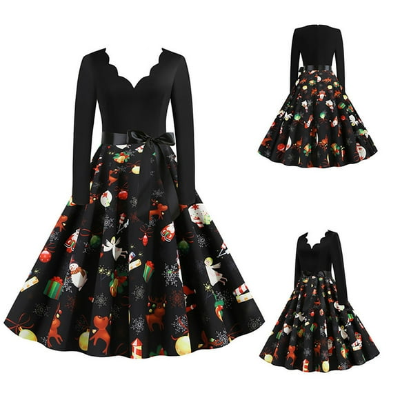 Women's Vintage Print Long Sleeve V-Neck Christmas Evening Party Swing Dress