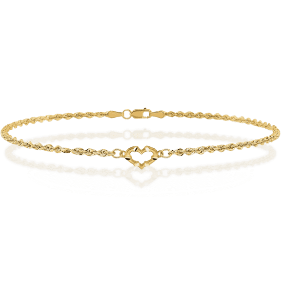 10K Solid Yellow Gold Heart Rope Chain Anklet Summer Beach Foot Ankle Bracelet