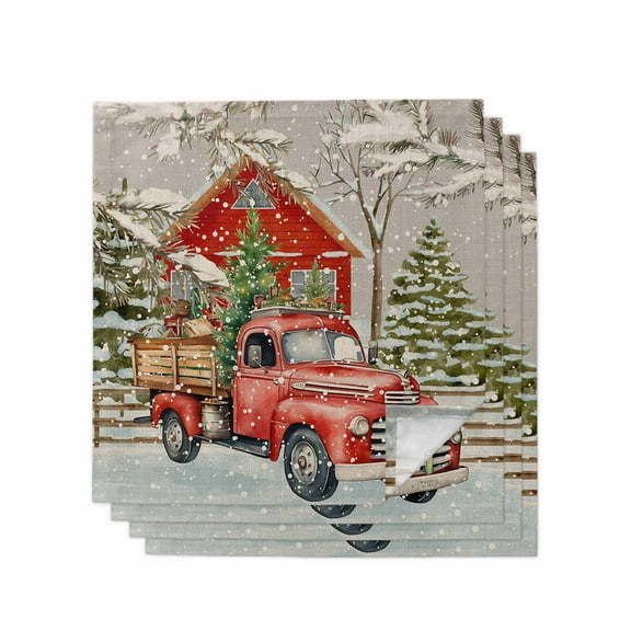 Christmas Truck Cloth Napkins Set of 4, Grey Watercolor Xmas Tree Snowflake Washable Reusable Dinner Cocktail Napkin for Kitchen Party Wedding Banquet Holiday Baby Shower Table Decor