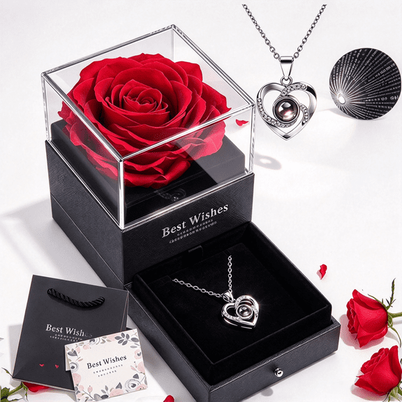 Ricihene Preserved Red Rose Jewelry Gift Set, I Love You Necklace 100 Languages, Anniversary Gifts for Women Valentine's Mother's Day Christmas