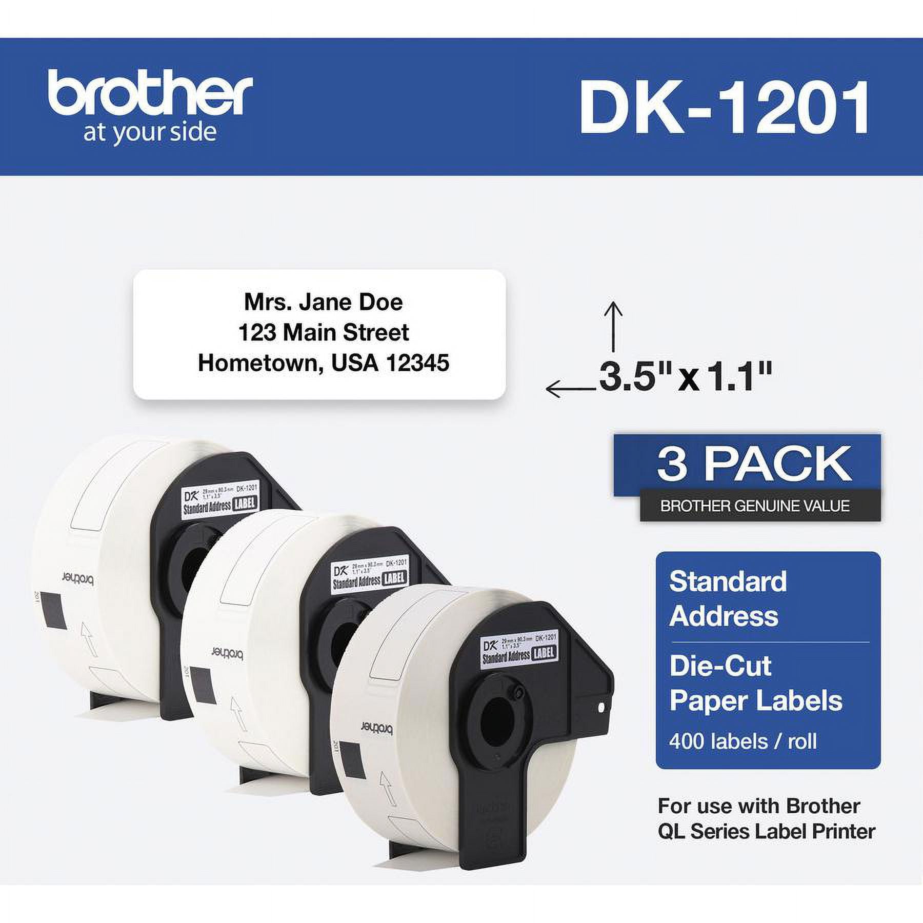 Brother Genuine DK-12013PK Die-Cut Standard Address Labels – 3 rolls per box