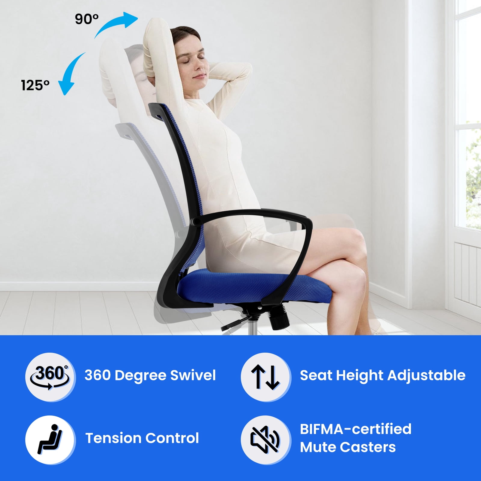 Dkelincs Office Desk Chair Adjustable Mesh Mid Back Office Chair Ergonomic Computer Chair with Lumbar Support & Wheels, Blue