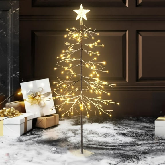 CAPHAUS 4 Feet, 48 inch Full Artificial Lighted Flocked Christmas Tree w/ 112 LED Lights, Twinkling Bare Branch Tree w/ Warm White Light, Star Tree Top for Festival, Holiday Decoration Indoor