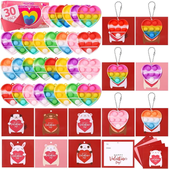 Juego de 30 llaveros con forma de corazón para niños, regalos para el día de San Valentín
