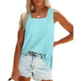 thumbnail image 4 of Olyvenn Tank Top for Women Loose Fit Eyelet Summer Tops Flowy Sleeveless Blouses Pleated Square Neck Curved Hem Fashion Light Blue XL, 4 of 8