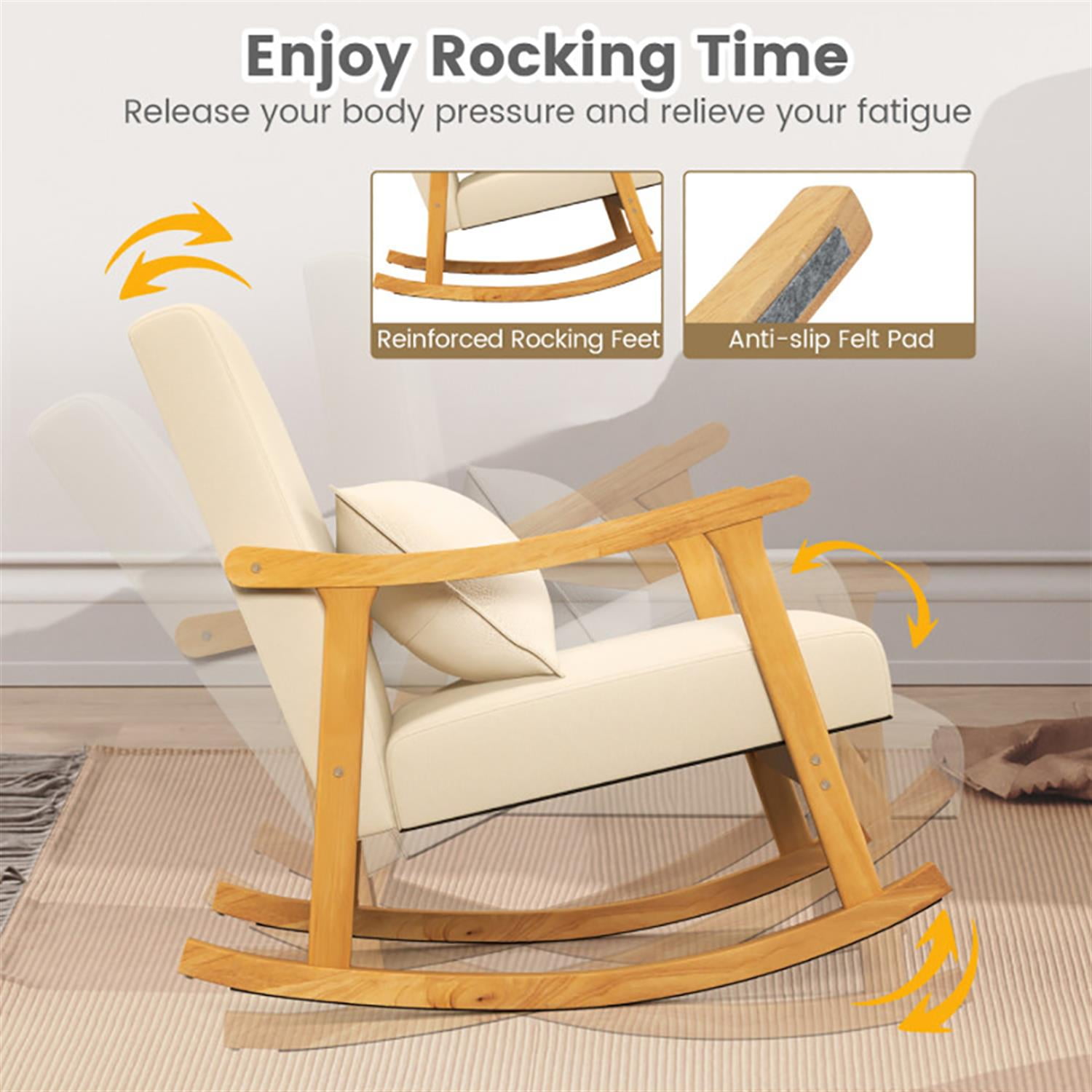 Demi Bonn Upholstered Rocking Chair, Accent Chair with Pillow and Rubber Wood Frame, Suitable for Home, Living Room and Bedroom, Beige