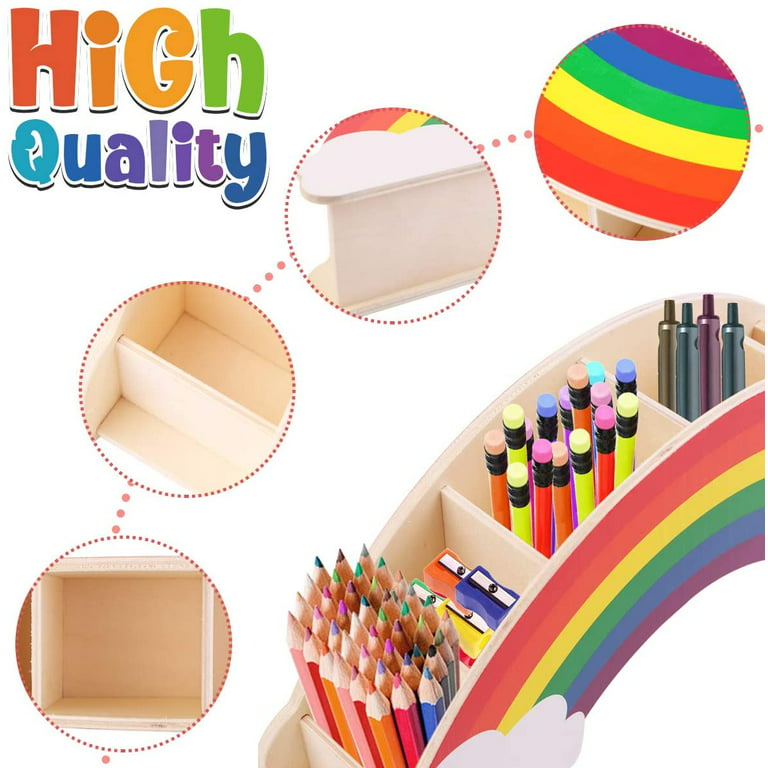 DELUXE Rotating Colored Pencil Holder Storage Organizer, Tiered Pencil Cup  Caddy With Stub Cups, Wood, Holds 260 Pencils Pens. Made in USA 