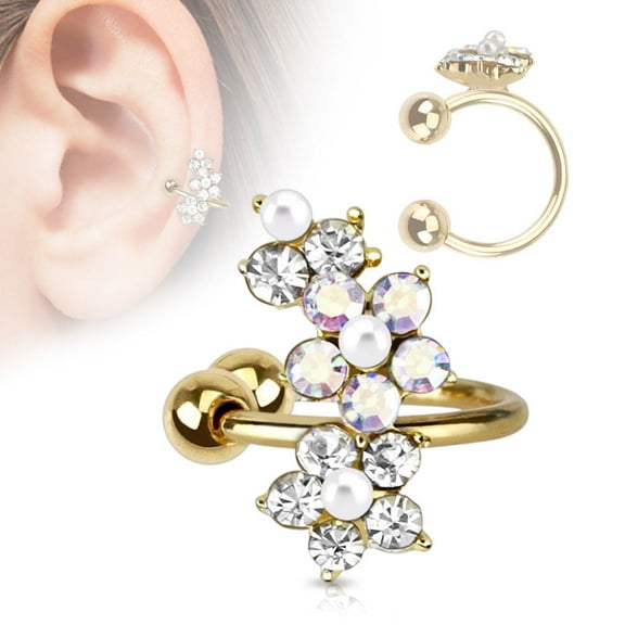 Ear Cartilage Cuff No-Pierce Faux Pearl Flower Gold I.P. - Perfect For All Ages