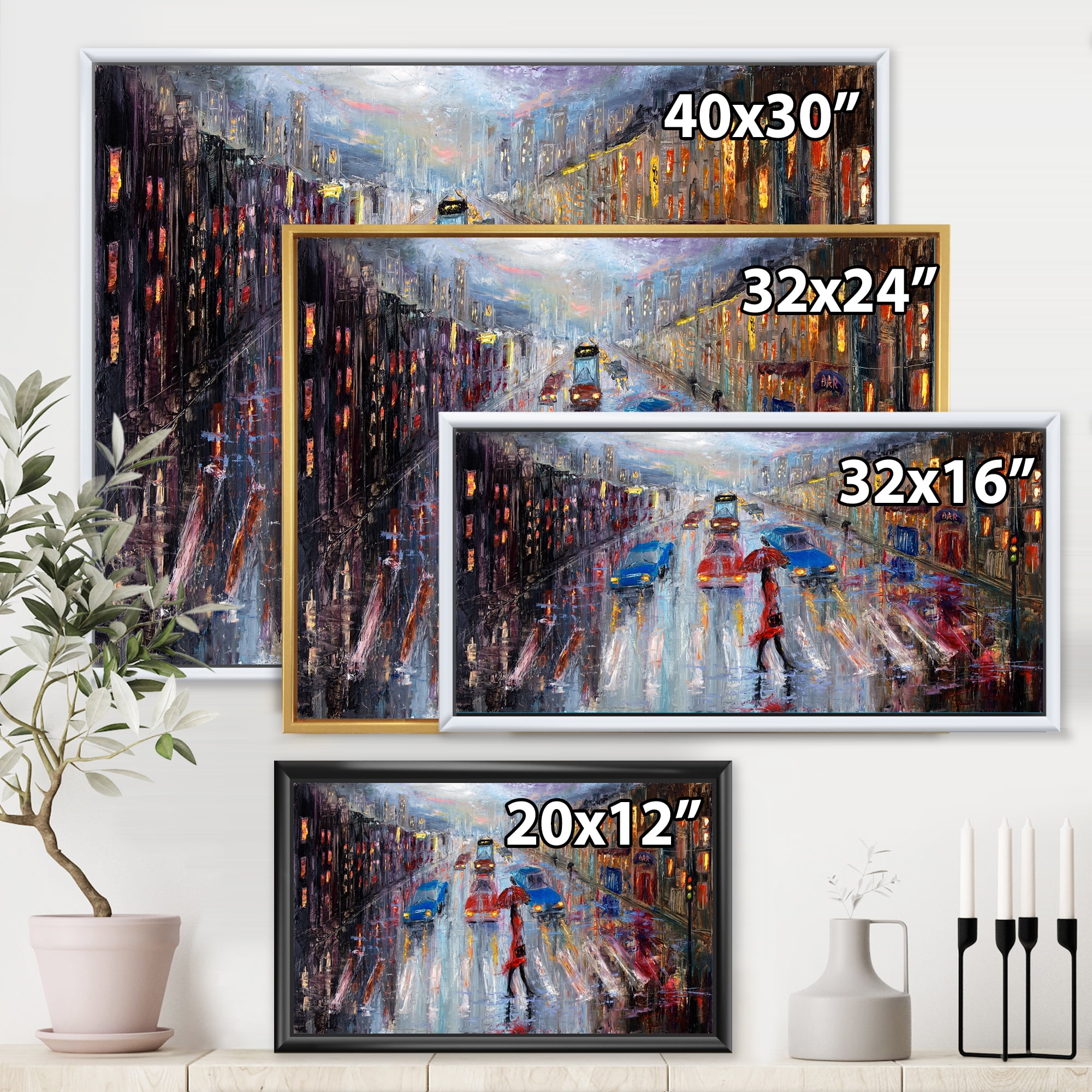 Girl In Red Crossing The Street 20 in x 12 in Framed Painting Canvas Art Print, by Designart