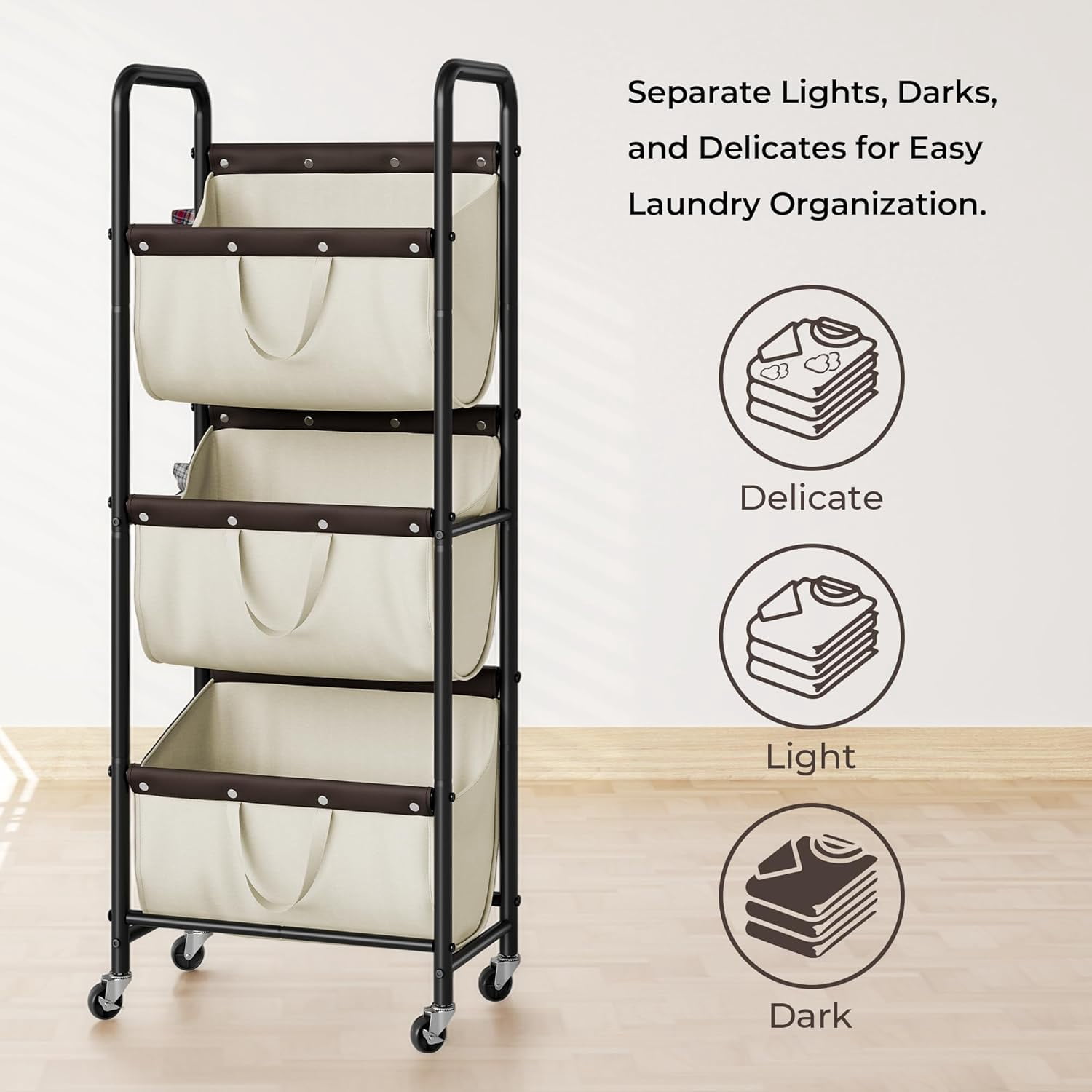 GRANNY SAYS 3-Tier Laundry Basket with Wheels, 120L Rolling Laundry Hamper Sorter, 3 Section Metal Frame Laundry Organizer, Removable Bags, Beige