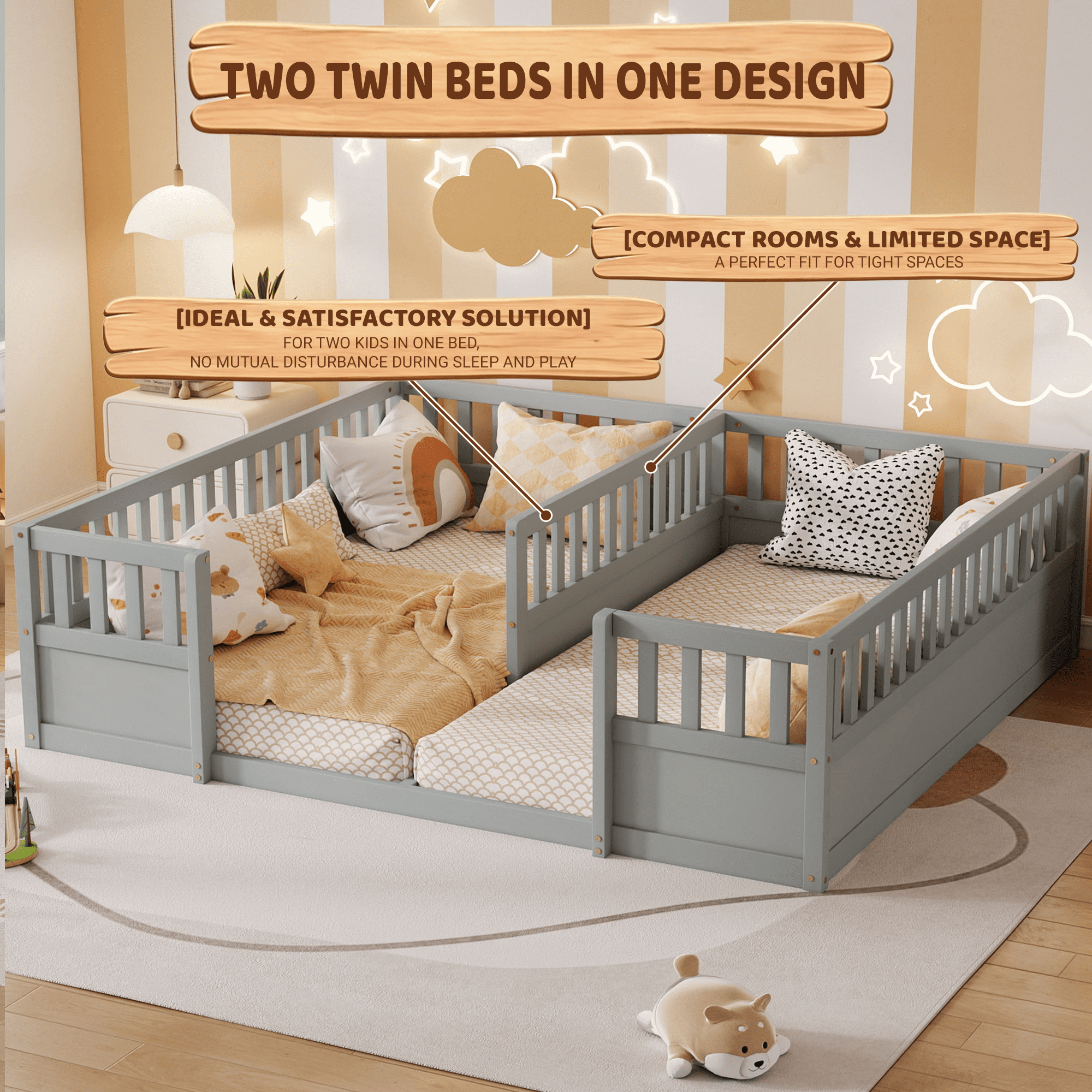 Double Twin Floor Bed 81.2 Inch, Pine Wood Bed Frame with Semi Enclosed Guardrails for Two Kids, Grey