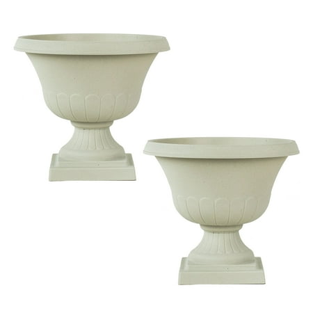 Garden Stone Planters 2 Pack of 12 Inch Light Stone Taupe Classic Urn Plastic Planter for Indoor and Outdoor Use ()
