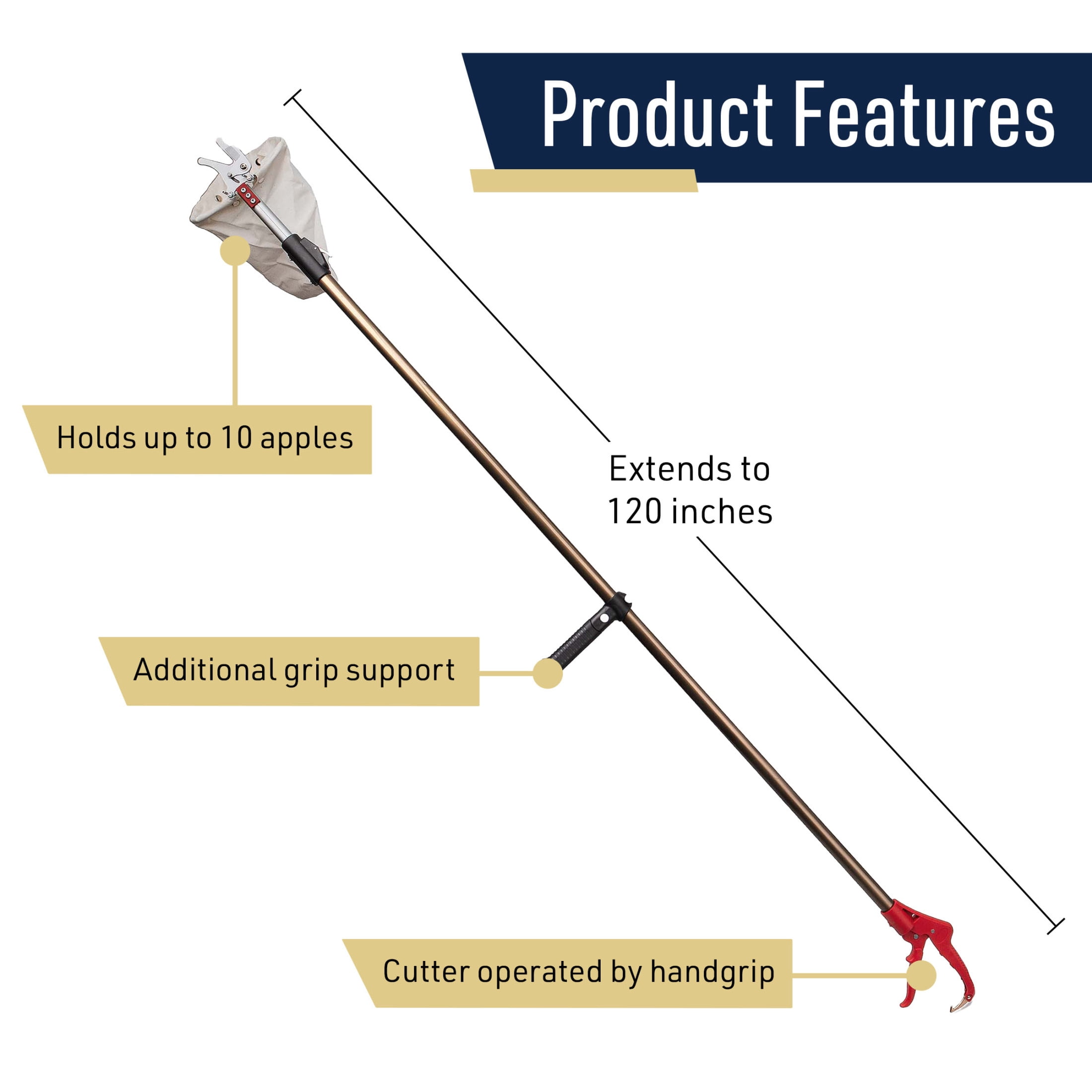 Kings County Tools 10ft Fruit Picker Pole with Basket - Fruit Grabber Reacher Tool with Cutter