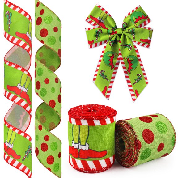 Hying 2 Rolls Christmas Ribbon for Wreath Bow Wrapping Gifts, Green Dots Monster Ribbon