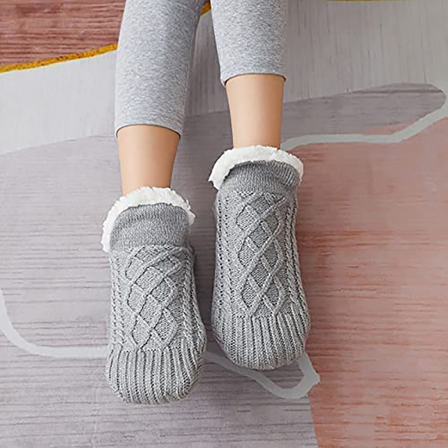 Slippers Cozy Warm Winter Slip on House Shoes Indoor Floor Non-Slip Thermal Socks,Woven and Velvet Indoor Socks Slippers 