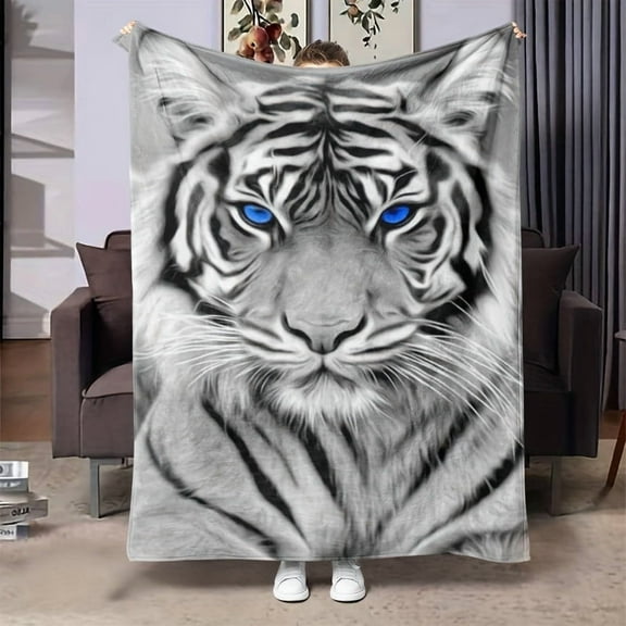 1pc Contemporary Style White Tiger Print Flannel Fleece Throw Blanket, Soft Warm All-Season Nap Blanket for Sofa, Office Bed, Camping, Multifunctional Gift, Digital Print, Polyester, 200-250gsm