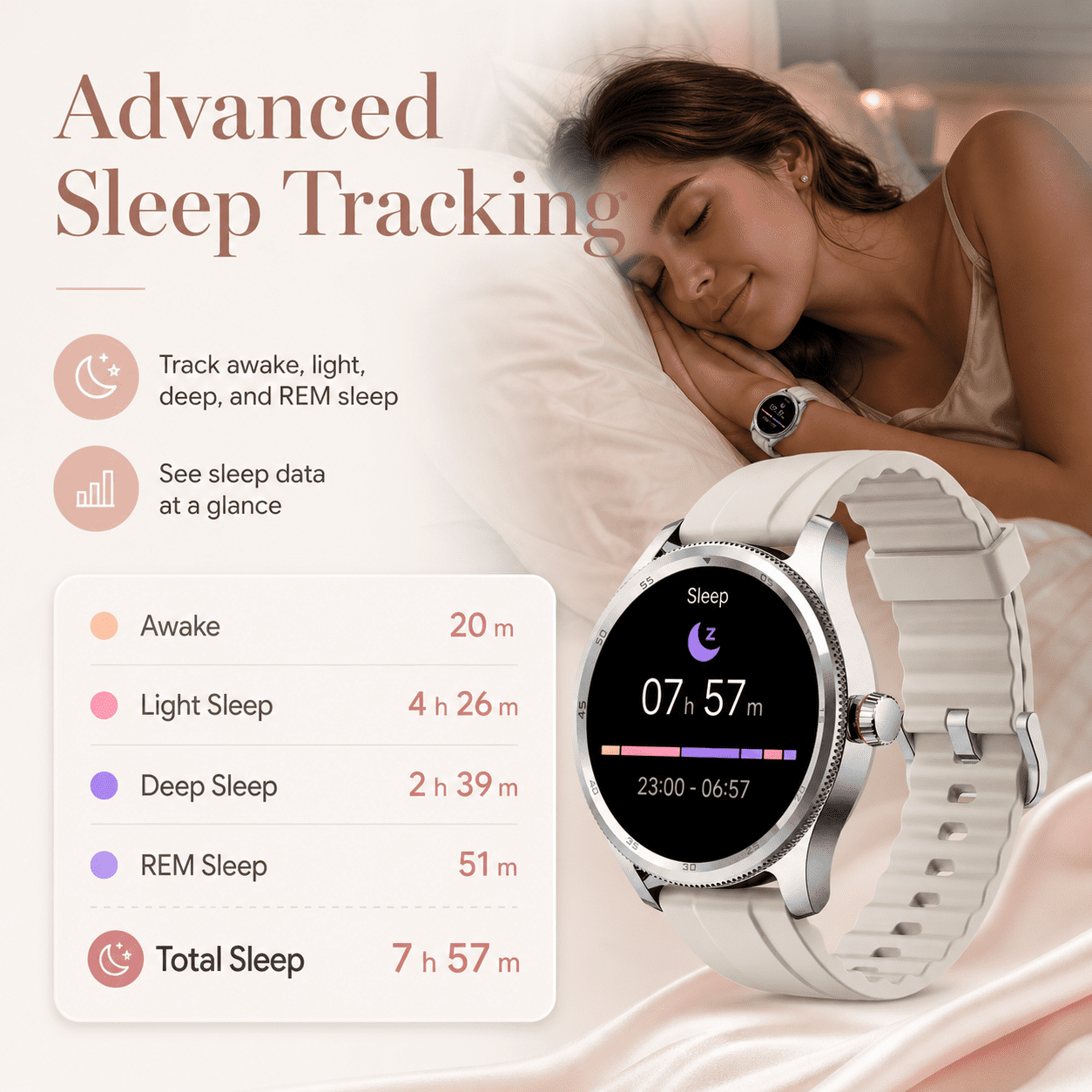 MiracoRun Women’s Smart Watch for iPhone & Android, 1.39" Round Touchscreen, Bluetooth Calling & Texts, Women’s Health Tracking- Cream
