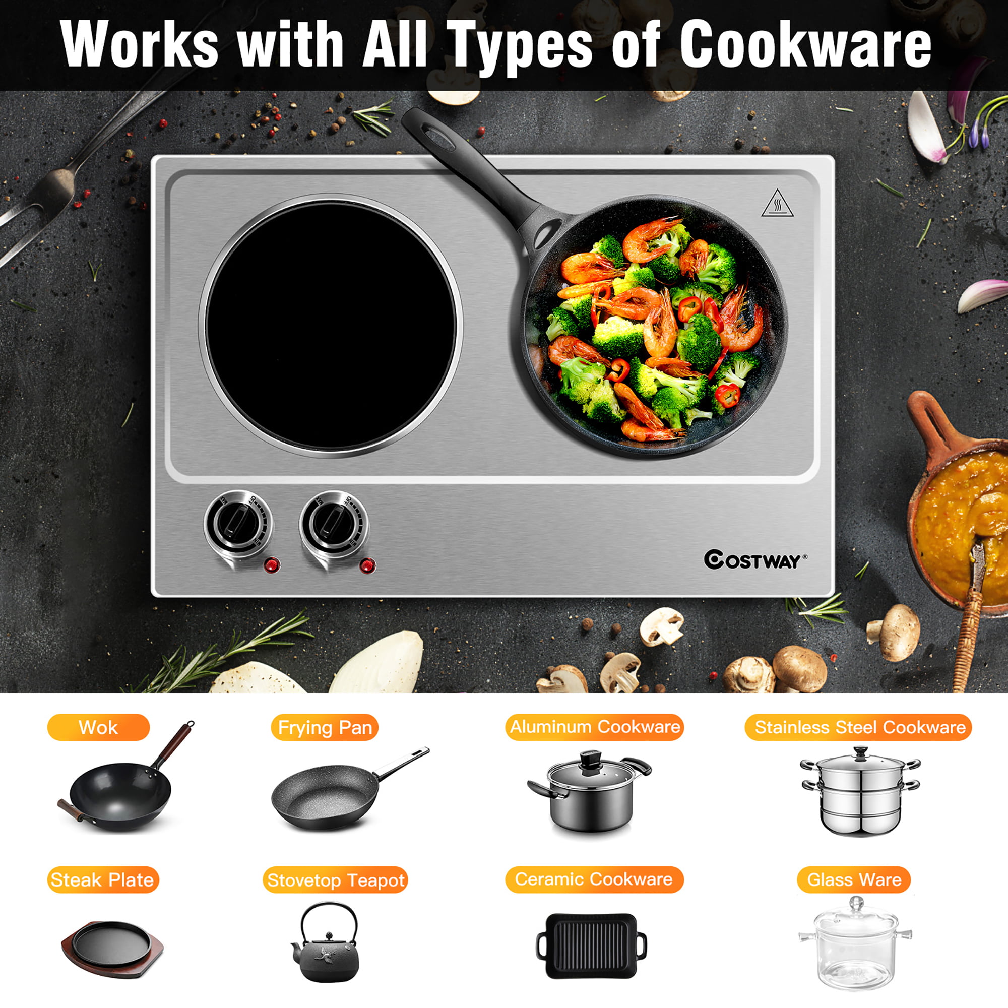 Costway EP24636US 1800W Double Hot Plate Electric Countertop Burner  Stainless Steel 5 Power Levels