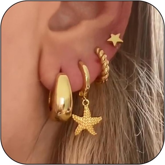 shiyou-4Pairs Gold Starfish Earrings Stacks for Women 14K Gold Hoop Earrings Sets for Multiple Piercing Dainty Gold Earrings Stackable Summer Beach Vacation Jewelry