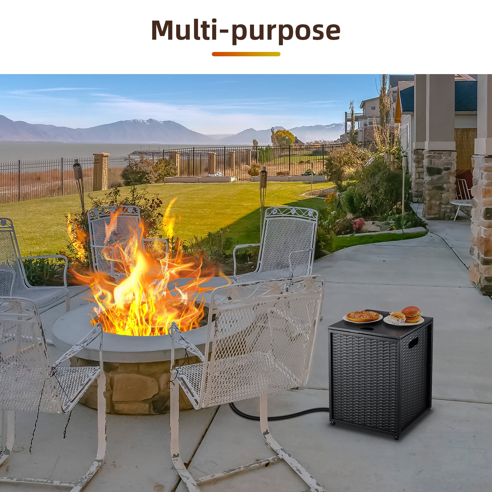 16'' Rattan Propane Tank Cover Hideaway Side Table 20 lbs Propane Gas Holder for Gas Fire Pit, Grill, Griddle & Stoves, Black
