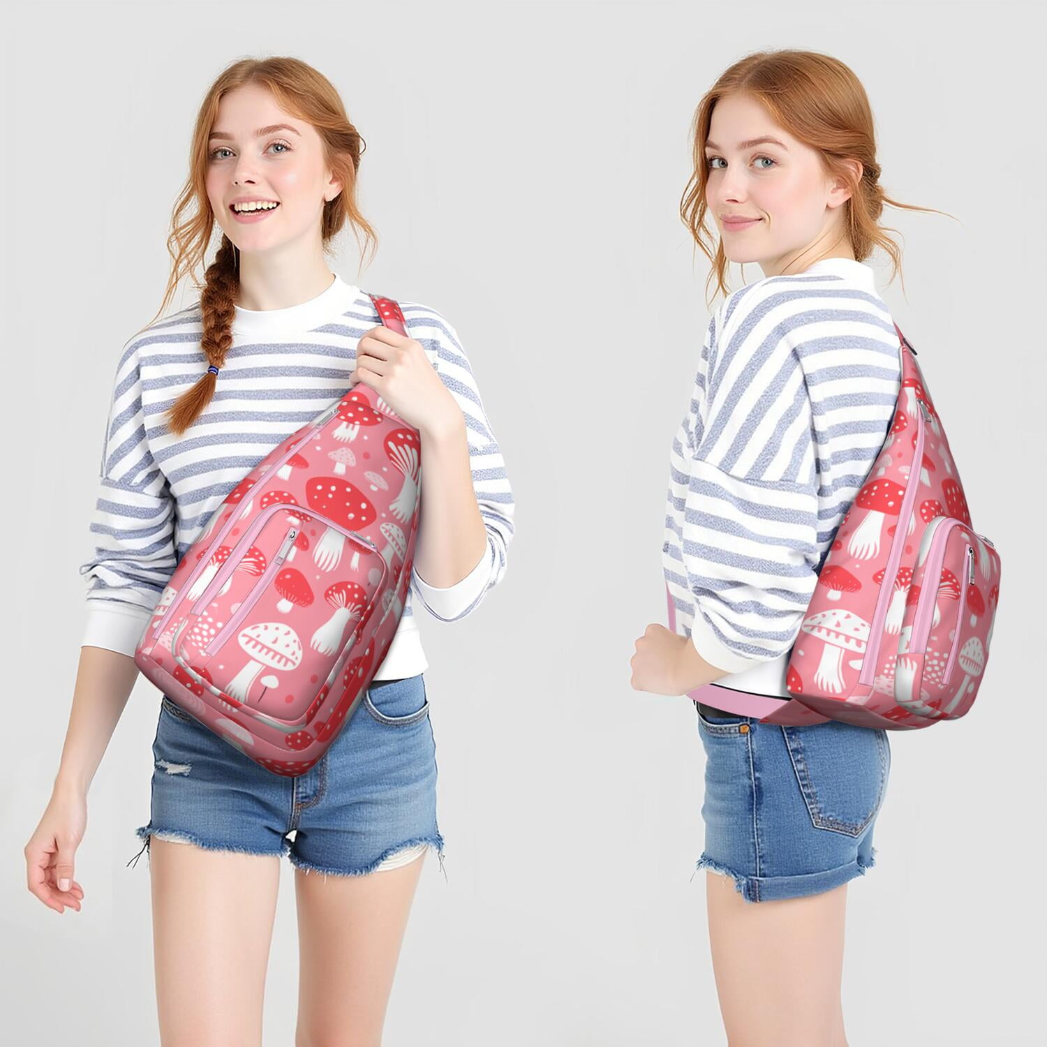 Boho Mushroom Sling Bag for Women - Vintage Floral Print, Adjustable Strap, Water-Resistant Crossbody Chest Bag (19.9×9.4×3.0inch)