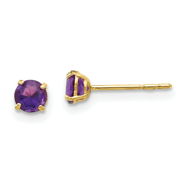 14 Carats Or Jaune Rond Améthyste 4mm Boucles d'Oreilles Pierre de Naissance Février Stud Pierre Précieuse