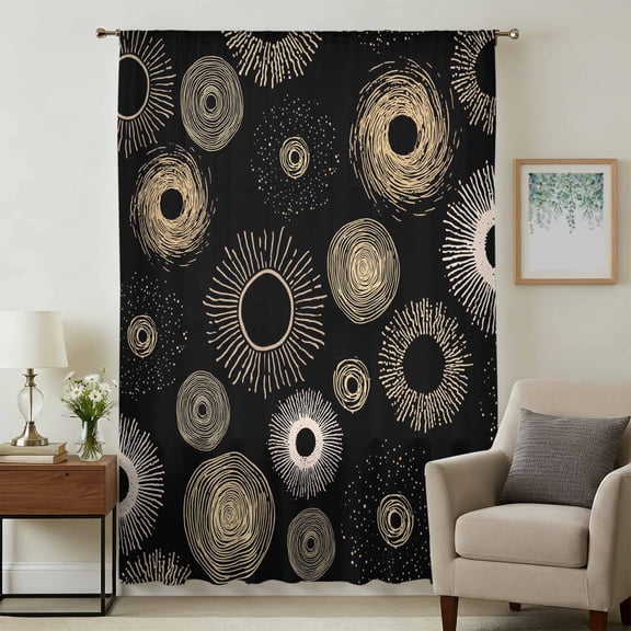 Geometric Black Sheer Curtains 63 Inches Long, Abstract Goldeb White Boho Circle Dot Light Filering Curtains, Breathable Simi Curtain Privacy Drapes for Living Room Bedroom Window Treatment