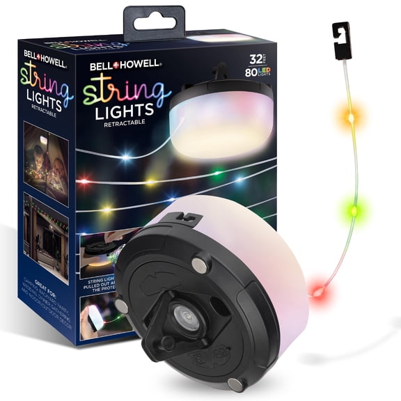 Bell Howell 32 Ft Retractable Camping String Lights with Flash Light & Hanging Hook, 125 LEDs for Camping, Holidays, Portable String Lights Outdoor Waterproof IP65, USB-C Cable Included