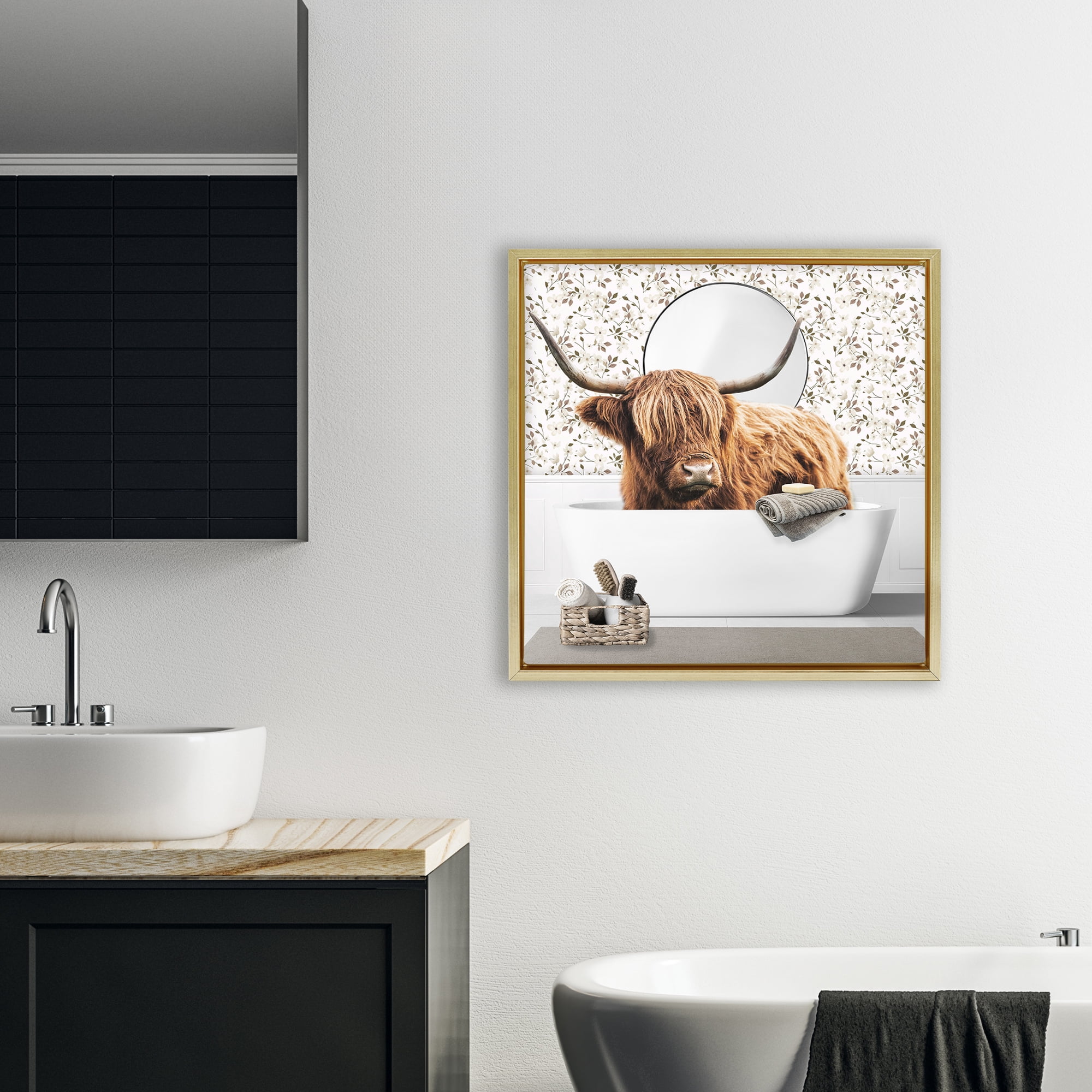 Stupell Industries Boho Cattle Bath Time Gold Framed Floater Canvas Wall Art, design by CAD Designs