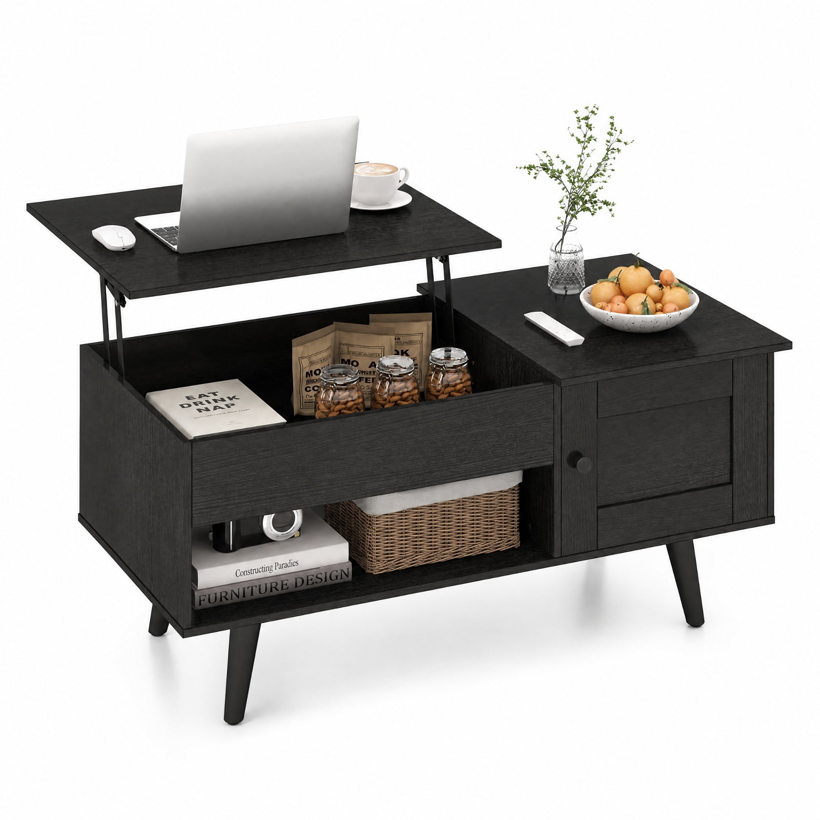 Furnibear Lift Top Coffee Table with Hidden Compartment Open Shelf and Storage Cabinet for Living Room and Home Office, Black