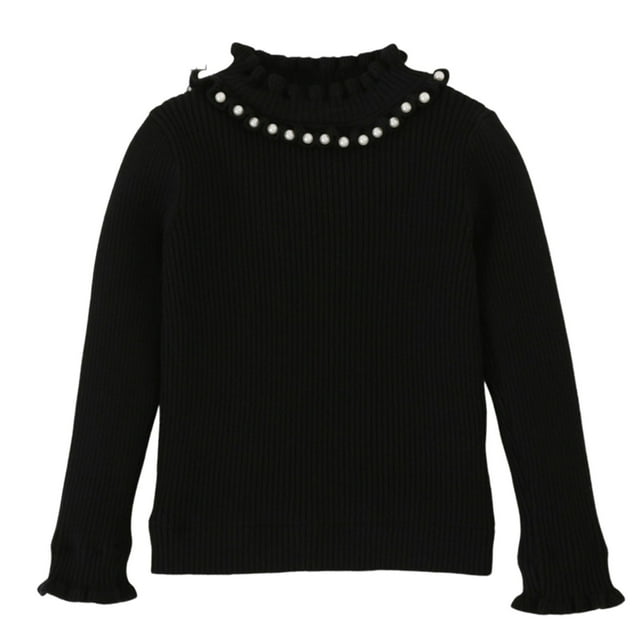 YUNAFFT Chandail à Col Montant pour Filles Orné de Perles Col Rabattu Manches Longues Col Rond Classique Élégant