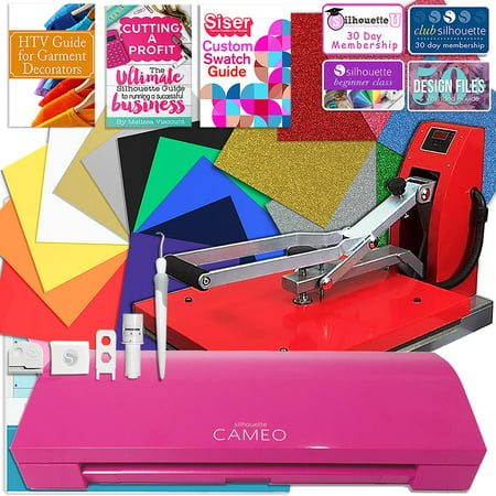 Silhouette Pink Cameo 3 Bluetooth Heat Press T-Shirt Business Bundle with Heat Press, Guides and