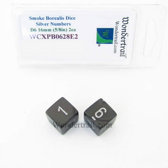 Smoke Borealis Dice with Silver Numbers D6 Aprox 16mm (5/8in) Pack of 2 Wondertrail