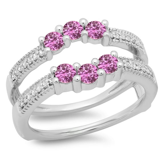 Dazzlingrock Collection 14K Pink Sapphire & White Diamond Wedding Band 3 Stone Enhancer Guard Double Ring, White Gold, Size 8